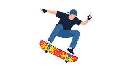 Fototapeta premium Skillful skateboarder in mid-air performing a jump trick with a flaming pattern skateboard against a white background.