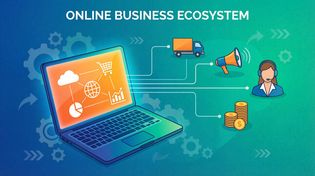 Online business ecosystem illustration with laptop and icons on gradient background