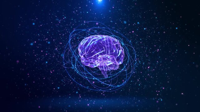 Digital brain glowing blue neural connections background. Represents AI, machine learning, technology, intelligence, innovation, network, data flow. for science, computing, future