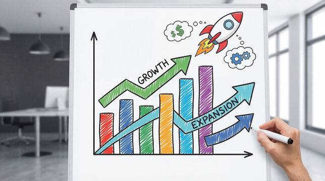 Business growth and expansion chart with rocket graphic and hand drawing concepts for business finance and investment