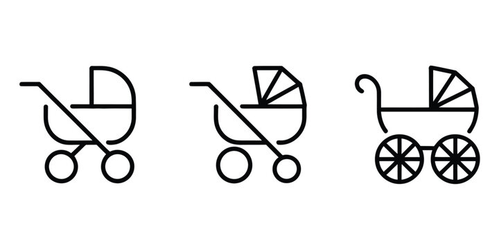 Baby stroller icon set in simple line art, black outlines on white, depicting prams, infant transport, childcare, and parenting essentials.