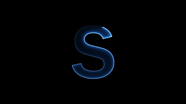Glowing neon letter 'S' symbol, a shiny light font illustration on a black background English alphabet education type word writing letter text effect smooth footage sign symbol with black background