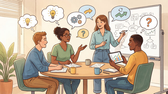 Team members in an office setting brainstorming ideas during a meeting with a whiteboard and digital tablet
