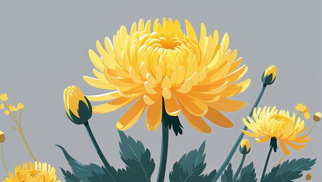 Bright yellow chrysanthemum bloom on a light gray background in a clean decorative and smooth digital art style simple illustration