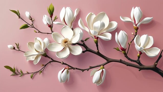 Cream white magnolia branch on a pastel pink background in a clean decorative and smooth digital art style simple illustration