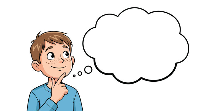 Smiling young boy with freckles touching his chin while thinking about something, shown with a large empty thought bubble.