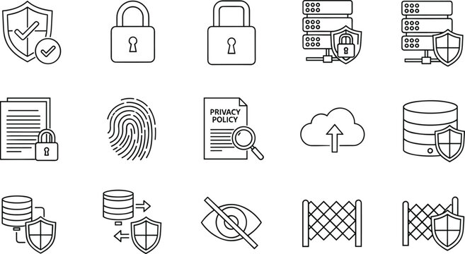 Cyber security line icon set with shield lock database cloud privacy policy protection symbols for web app interface design