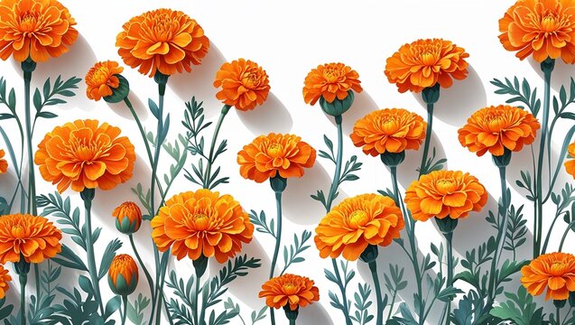 Orange marigold flowers on a white background in a clean decorative and smooth digital art style simple illustration