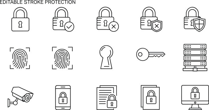 Cyber security line icon set with lock fingerprint key server surveillance symbols for web app interface and data protection design