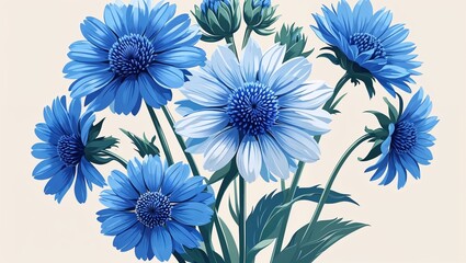 Fototapeta premium Sky blue cornflower cluster on a cream background in a clean decorative and smooth digital art style simple illustration