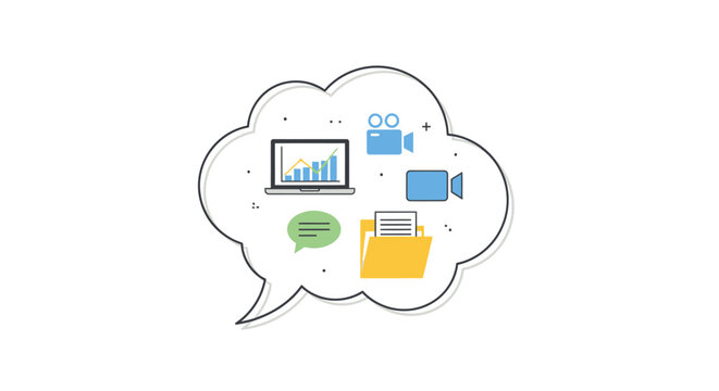 Cloud computing concept laptop video camera folder and chat icons