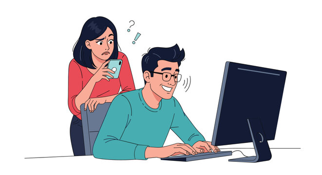 Suspicious woman looks over the shoulder of a smiling man while he types on a computer in a home office setting.