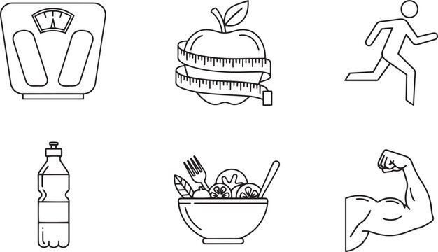 Black and white line of fitness and nutrition line black and white scale apple