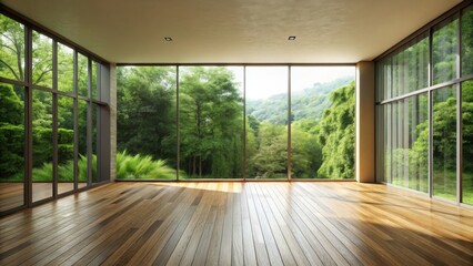 Fototapeta premium Spacious room with hardwood floor and expansive views of lush green landscape through large windows