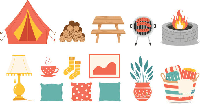 Camping and Cozy Home Elements Collection with Tent, Campfire, Grill, Picnic Table, Cushions, and Decorative Items for Outdoor and Lifestyle Designs