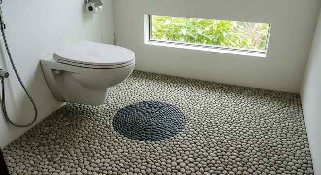 Modern and minimalist bathroom interior showcasing a unique pebble stone floor design with a sleek wall-mounted toilet, illuminated by soft natural light for a tranquil and clean aesthetic