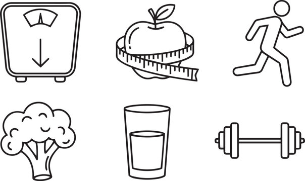 Black and white line of six fitness including scale with downward arrow, apple wrapped with measuring tape, running stick figure, broccoli, glass of water, dumbbell