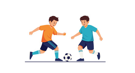 Fototapeta premium Two young boys in athletic sportswear having fun playing soccer together on a white background in a dynamic and active sports scene.