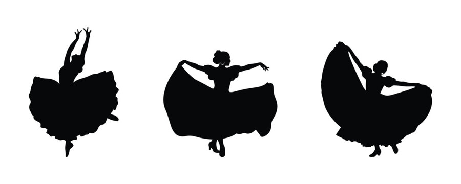 Flamenco dancer silhouette vector set. Spanish traditional dance poses with flowing dress, elegant performance. Vector illustration.