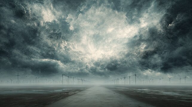 Numerous wind turbines stand across a desolate landscape beneath a dramatic, turbulent sky