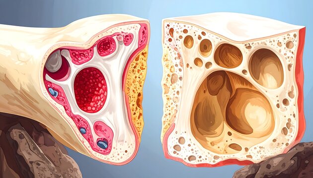 Cross-section of cancellous bone showing complex structure, pores, and marrow, on tan and blue