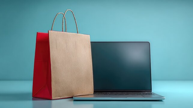 Shopping bag sits next to an open notebook computer against a bright background.