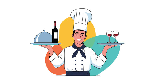 Professional chef in a traditional white uniform balancing a tray with a bottle of wine and glasses and another with a silver cloche.