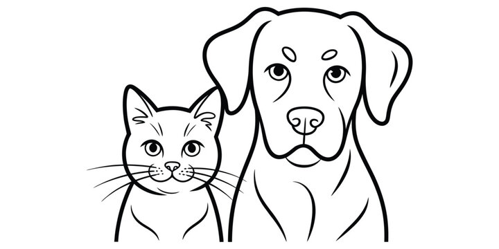A simple black and white line art illustration featuring a cute domestic kitten and a friendly dog