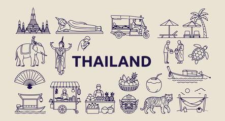 Naklejka premium thailand paradise and temple art, hand drawn bangkok landmarks, aesthetic thai culture doodles, creative thailand tourism line art, minimal tropical island icons, scrapbook thailand travel elements, t