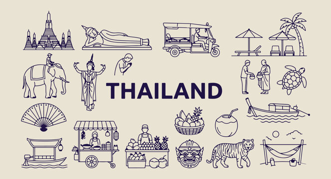 thailand paradise and temple art, hand drawn bangkok landmarks, aesthetic thai culture doodles, creative thailand tourism line art, minimal tropical island icons, scrapbook thailand travel elements, t
