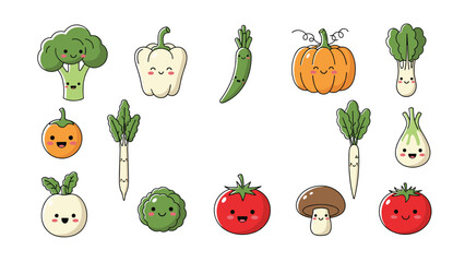 Fototapeta premium Adorable collection of cheerful cartoon vegetables featuring broccoli, peppers, pumpkins, mushrooms, tomatoes, and root vegetables, all with cute smiling faces.