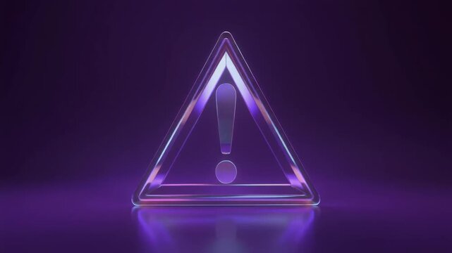 A luminous triangular warning sign with glowing exclamation mark, rendered in neon purple and pink, futuristic caution symbol radiating urgency against a dark digital background.