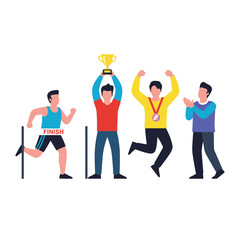 Fototapeta premium Sports Victory Celebration: Athletes Win Trophy and Medal at Finish Line