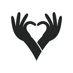 Fototapeta premium Black silhouette of two raised and joined hands on white background, representing unity, teamwork, solidarity, support, cooperation, and partnership.