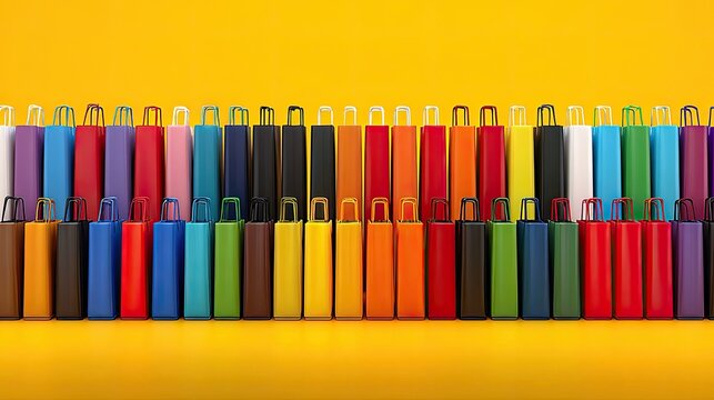 Numerous small, colorful shopping bags are displayed in two neat horizontal rows against a bright yellow background.