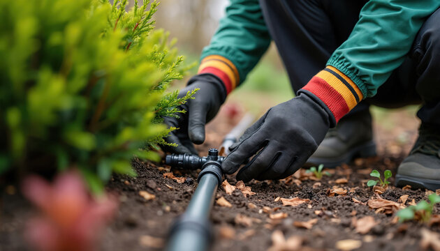 Gardener installs drip irrigation system near young plants. Hands in gloves connect black plastic pipe fittings for efficient water use. Mulch covers soil, ensuring plant hydration, care in garden