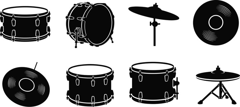 Drum set percussion instruments silhouette vector icon collection featuring bass drum snare drum cymbals hi hat and music kit elements arranged in grid layout isolated on white background