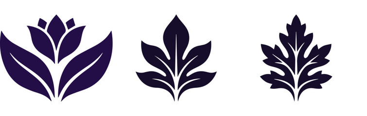 Fototapeta premium Elegant floral silhouettes and leaf icons, dark purple botanical vector elements, minimalist organic plant shapes for logo design and branding