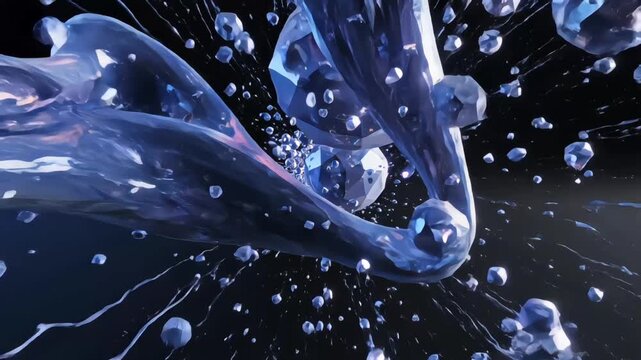 Floating abstract forms twist and reshape continuously in a deep black environment, accented by subtle glowing highlights for a smooth and immersive visual loop