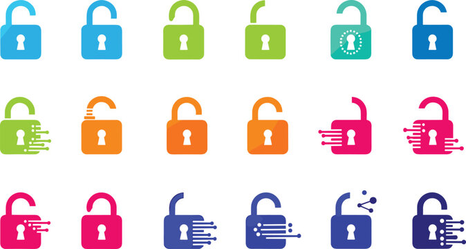Colorful lock icon set with speed motion effects security protection symbols for web app interface and data safety design