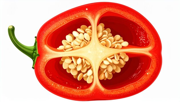 Vibrant red scorpion pepper cross-section showing seeds and membranes in bright light