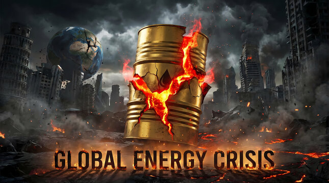Golden oil barrel exploding with fire and global energy crisis text over ruined city