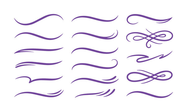 Elegant purple swoosh vector set, decorative calligraphy flourishes and underline strokes, 15 ornamental swirl elements for wedding invitations