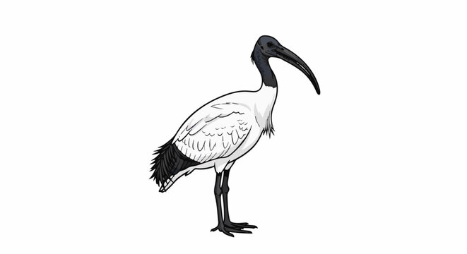 Illustration of a stylized white ibis with a black head and legs
