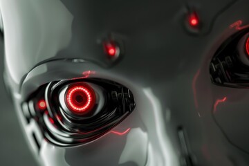 Fototapeta premium Futuristic cyborg showing glowing red eyes, symbolizing artificial intelligence and advanced technology