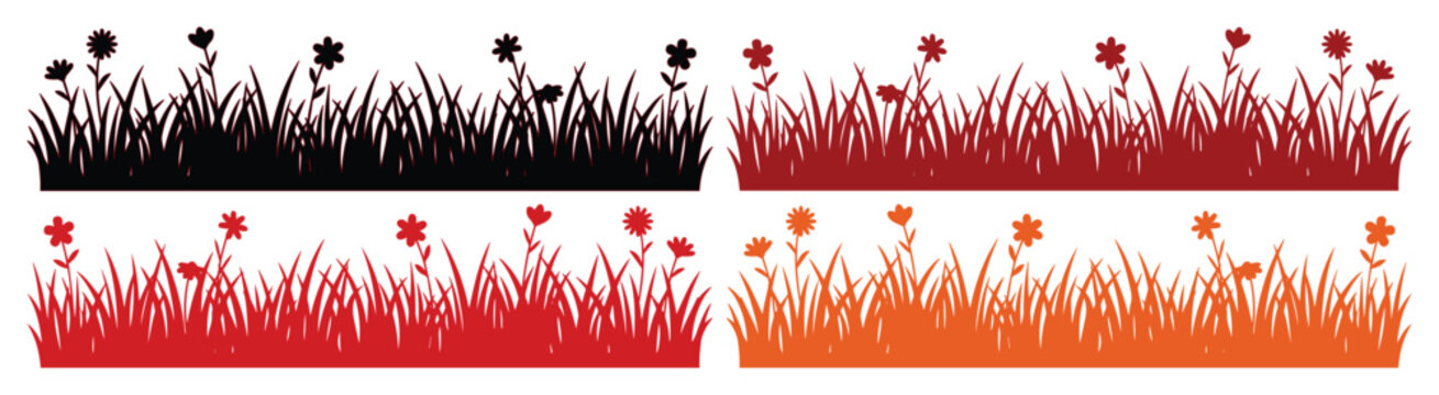 Grass silhouette borders with flowers, floral meadow lawn vector set, black and red garden grass fringes for landscape design and spring cards