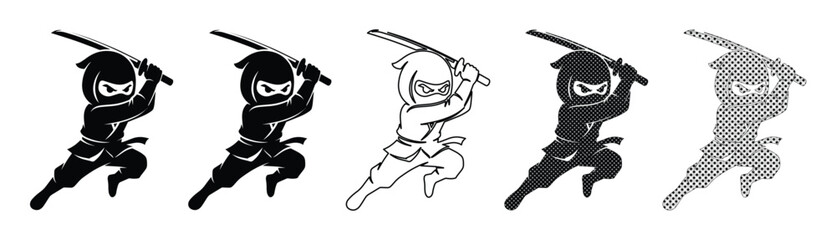 Ninja warrior mascot vector set, black and white shinobi character icons, 5 martial arts assassin silhouettes with katana sword for gaming logos © I'm_coming