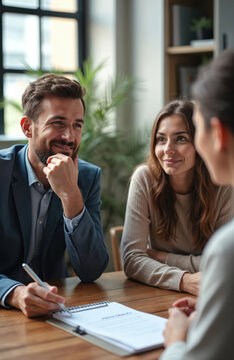 Insurance agent consults young couple about life policies. Man pens notes on document during financial planning session. Couple reviews coverage options for future security and peace of mind.