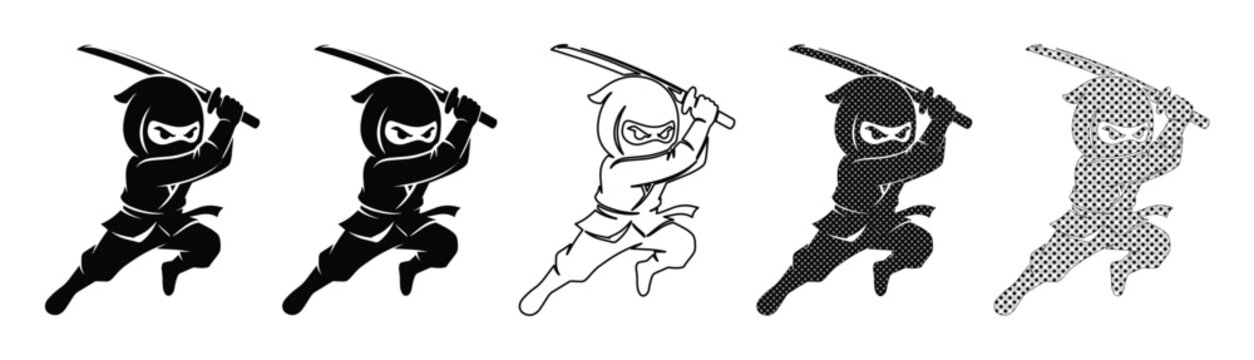 Ninja warrior mascot vector set, black and white shinobi character icons, 5 martial arts assassin silhouettes with katana sword for gaming logos