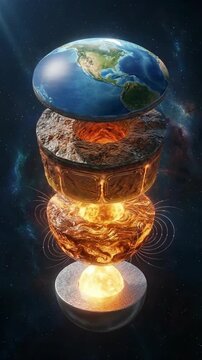 Earth, displaying its internal layered structure, showing active molten outer region, solid inner sphere, viscous mantle, thin crust, scientific geosphere model, planetary interior.